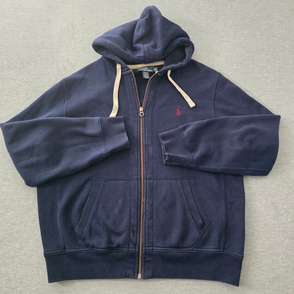 Polo Ralph Lauren Mens XL Navy Blue Full Zip Hoodie Red Pony Logo Cotton Blend - Picture 2 of 9